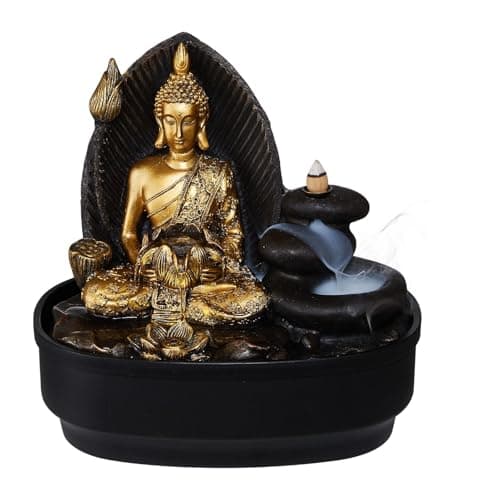 Image of BTGGG Indoor Water Fountain Golden Buddha Tabletop Water Feature with LED Light 27.5 * 19 * 24CM Feng shui Meditation Zen Fountain for Relaxing Indoor Decoration, 3 Pin UK Plug Included