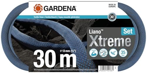 Image of Gardena Liano Xtreme 1/2 inch, 30m set: Extremely robust textile garden hose, for indoor water taps, with PVC inner tube, lightweight, weather-resistant (18477-20)