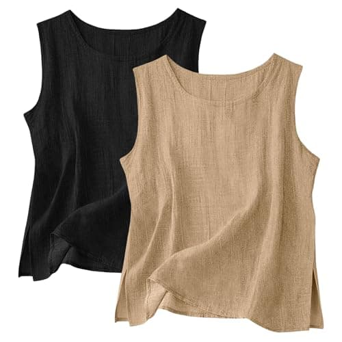 Image of 2 Pack Vest Cotton Linen Tank Tops for Women UK, Summer Sleeveless T-Shirt Crew Neck Lounge Vests Lightweight Breathable Cami Solid Color Plain Casual Tee Shirts Trendy Blouse Ladies Tank Tops