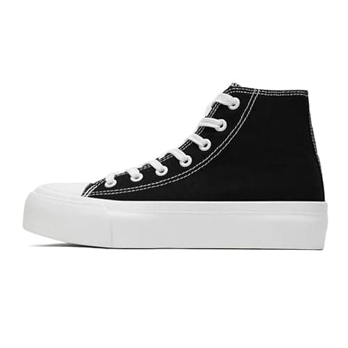 Image of Women's Fashion Platform Trainers Ladies High Top Canvas Shoes Classic Platform Lace Up Sneakers Pumps Plimsolls Outdoor Sport Tennis Running Walking Shoes Breathable Black
