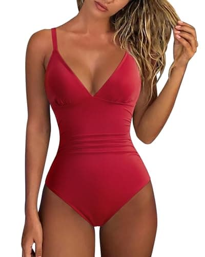 Image of RXRXCOCO Tummy Control Swimming Costume Women Deep V Neck One Piece Swimsuit Crisscross Back Bathing Suit Swimwear Red L