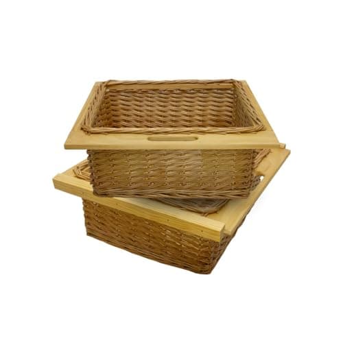 Image of 2 x Pull Out Wicker Basket Drawer 600mm Kitchen Storage Solution Larder Base Unit Cupboard with Handle Rustic Pine Wood Farmhouse Style 100% Handmade Rattan Brown
