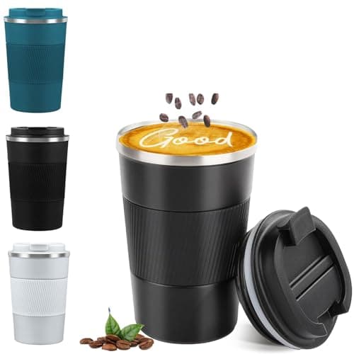 Image of qisheng Travel Mug Reusable Coffee Cups 380ml Thermal Insulated Vacuum Insulation Stainless Steel Bottle for Hot Cold Drinks - Black