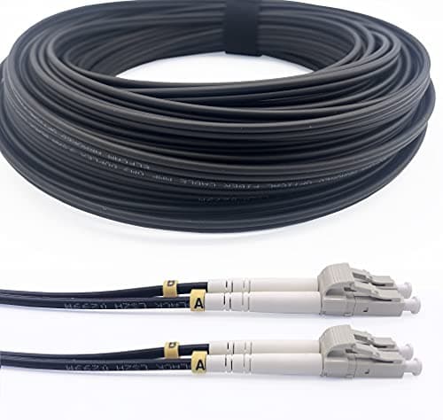 Image of Elfcam® - 10m/32.8ft Outdoor and Indoor Shielded Armored Fiber Optic Cable LC/UPC to LC/UPC OM3 Multimode Duplex 50/125μm LSZH, Black 10 Meters