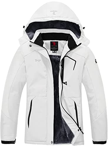 Image of donhobo Womens Waterproof Jacket Winter Warm Fleece with Hood Windproof Camping Hiking Coat(White,L)