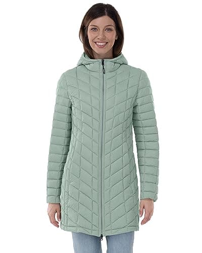 Image of Outdoor Ventures Womens Winter Thermolite Long Puffer Coat, Ladies Lightweight Quilted Parka Windproof Waterproof Warm Insulated Jacket with Hood Ice Green M/UK 12