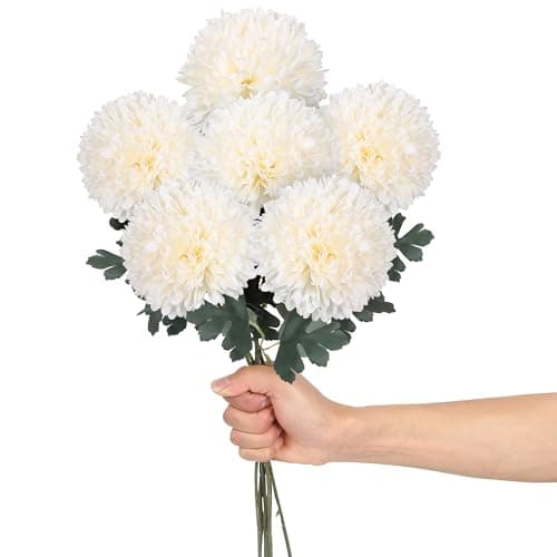 Image of Artifolia 6 pcs 4'' Large Artificial Fake Chrysanthemum Flowers with 22'' Long Stem, White Silk Hydrangea Faux Ball Flowers for Wedding Party Table Centerpieces Floral Arrangement Home Kitchen Décor