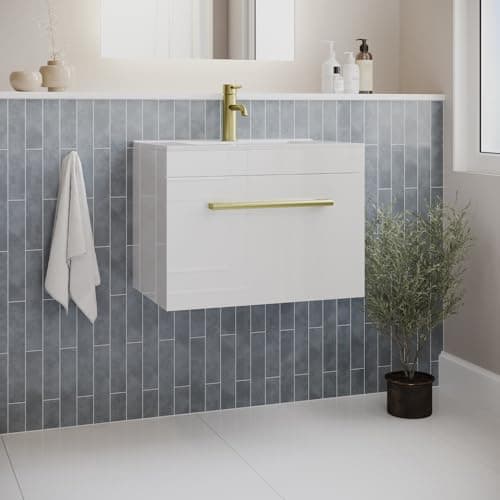 Image of Ashford 600 mm White Wall Hung Vanity Unit with Basin and Brass Handle