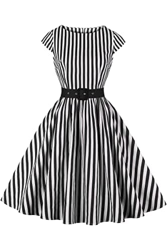 Image of AXOE Women 50s Dresses Rockabilly Vintage Inpired Belted Cotton White Black Striped, UK Size 22, 4XL