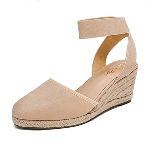 Image of DREAM PAIRS Womens Espadrille Wedge Sandals Slingback Mid Heel Elastic Ankle Strap Closed Toe Summer Wedding Party Holiday,Size 8,Nude,AMANDA-1