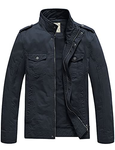 Image of WenVen Men's Casual Cotton Outdoor Lightweight Leisure Classic Full-Zip Military Jacket - Navy XL
