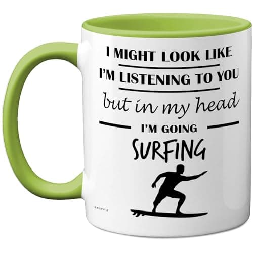 Image of Stuff4 Surfing Gifts - in My Head Mug - Funny Gift for Surfing Lover Men Women - 11oz Premium Ceramic Dishwasher Safe Green Handle Mugs Novelty Cup