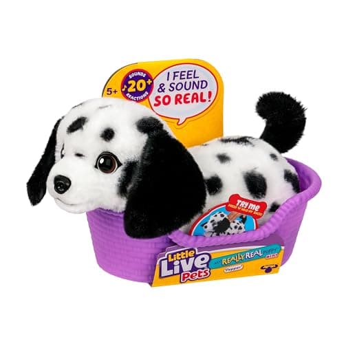 Image of Little Live Pets My Really Real Puppy Minis- Pepper the Dalmatian| Interactive Puppy with 20+ Sounds & Reactions- Includes Basket for Display. Fun & Adorable Gift for Kids (11cm/4.3in tall)