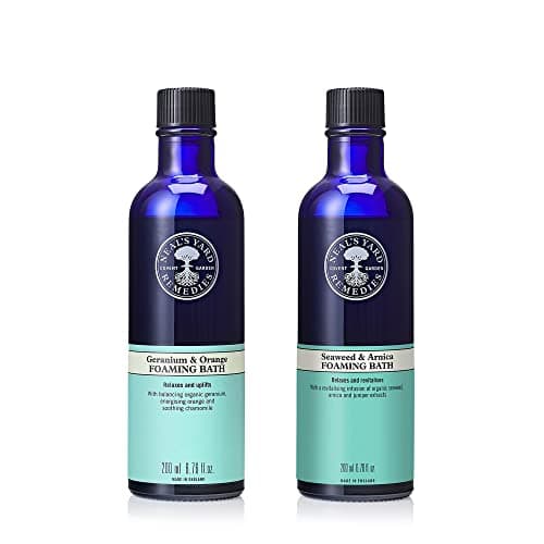 Image of Neal's Yard Remedies Foaming Bath Duo - Promote Calmness and Restore Vitality - Seaweed and Arnica (200 ml) and Geranium and Orange (200 ml)