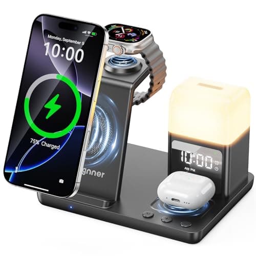 Image of 【2025 Upgraded】6 in 1 Wireless Charging Station for iPhone with Alarm Clock & 3-Color Light, 15W Fast Charger for iPhone 16/15/14/13/12 Series, Compatible with Apple Watch 1-10 Airpods 4/3/2/Pro