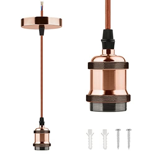 Image of Glirowy Vintage Ceiling Pendant Light Fitting, Braided Flex E27 Lamp Holder Copper Ceiling Rose with 1.1M Cable-Red Antique Copper