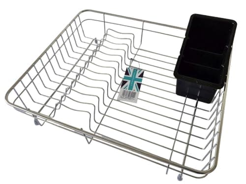 Image of Delfinware Stainless Steel Dish Draining Rack with Black Cutlery Drainer (Large + Black Cutlery Drainer) 10.5 x 43.0 x 36.5cm approx