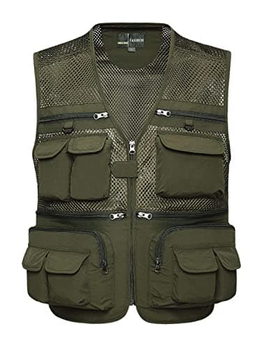 Image of Sukany Men's Mesh Fishing Vest Utility Multi-Pocket Outdoor Work Shooting Safari Travel Photography Vest Army Green L