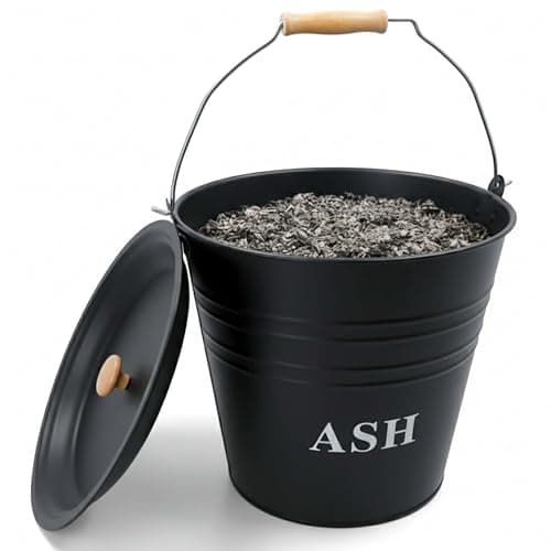 Image of Unibos | Metal Ash Bucket With Lid Wooden Handle Fireplace Container Litre Black Coal | Wooden Handle & Lid| Log Holder | Fireplace Fire Pit Wood Burning Stove Bin | 12L