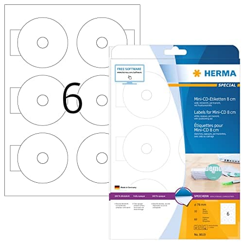 Image of HERMA Self Adhesive Full Face Mini CD Labels, 6 Labels per A4 Sheet, 10 Sheets, Ø 78 mm, 60 Labels, Blank Opaque CD Labels Stickers, Sticky Labels for Laser & Inkjet Printer, White
