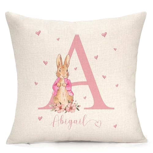 Image of Stamford Design Studio Personalised Flopsy Pink or Blue Peter Rabbit Cushion | Lovely Gift | Custom Cushion | Customised With Any Name & Initial |New Baby Present, 1st Birthday Gift | Pillow/Cushion
