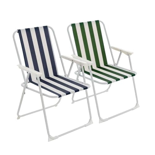 Image of Harbour Housewares Folding Beach Deck Chairs - Blue/Green Stripe - Pack of 2 - Metal Outdoor Patio Seat Lightweight Portable Deck Chair for Picnic, Garden, Camping, Fishing