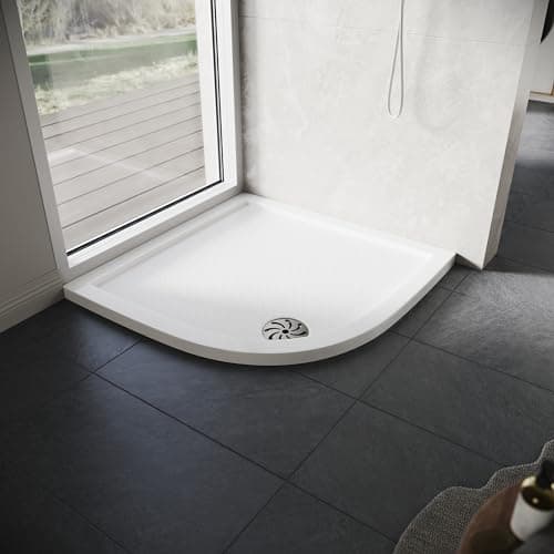Image of ELEGANT SMC Shower Base Tray 800 x 800 x 40 cm Quadrant White Shower Tray with Non-Slip Flat Stone Look for Shower Enclosure Cubicle and Wet Bathroom + Waste Trap