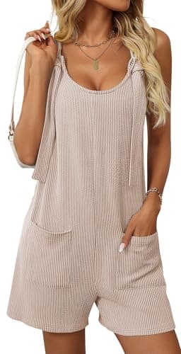 Image of Adigau Girl Soft Sleeveless Romper Women Fashion Casual Rompers Womens Spring Baggy Playsuit Women's Elastic Striped Playsuits Ladies Knitting Outfits With Pockets Apricot L