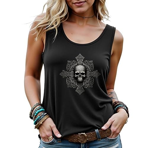 Image of Manfnee Women's Bodybuilding Gym Tank Tops Punk Graphic Sleeveless Women Funny Skull Tank Top for Lady M