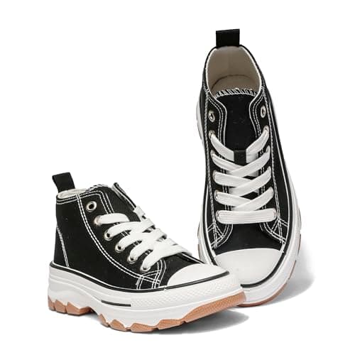 Image of Kids High Top Canvas Trainers – Breathable Lace-Up Sneakers for Girls & Boys | Durable Non-Slip Rubber Sole Casual Shoes for School & Play Black