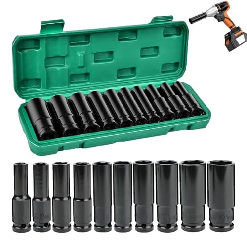 Image of 10 Pcs Deep Impact Socket Set, 1/2" Socket Sets 10-24mm Hex Long Socket Set Impact Wrench Durable for Professional Repair, Home Car Repair