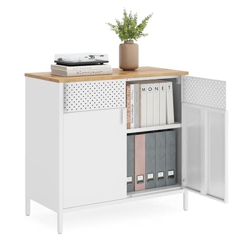 Image of SONGMICS Storage Cabinet, Metal Cabinet with Double Doors, Magnetic Closure, Adjustable Shelf, Steel Frame, Natural and White LSC102W57