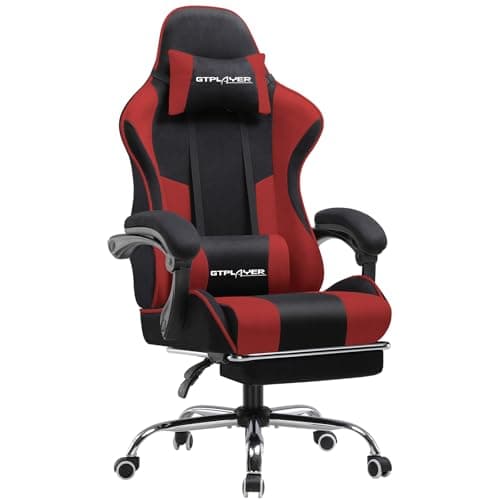 Image of GTPLAYER Fabric Gaming Chair, Massage Ergonomic Computer Chair with Footrest, Lumbar Support, Headrest, Height Adjustable Home Office Reclining PC Racing Chairs Red