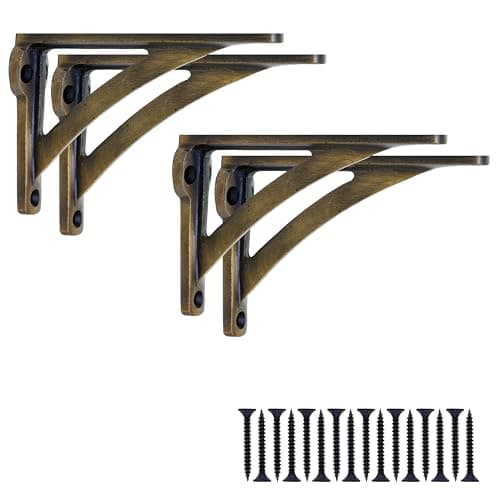 Image of EDUWURXS Ironbridge Cast Iron Antique Brass Shelf Brackets | Heavy Duty Wall Brackets for Shelves | Rustic Supports for Kitchen, Living Room & Outdoor | 3x4.5 (Pack of 4)