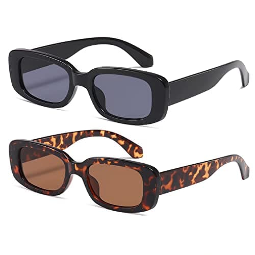 Image of kimorn Rectangle Sunglasses for Women Men Trendy Retro Fashion Glasses 90’s Vintage UV 400 Protection Square Fram K1200 (Black Frame Grey Lens+leopard Frame Brown Lens, 65)