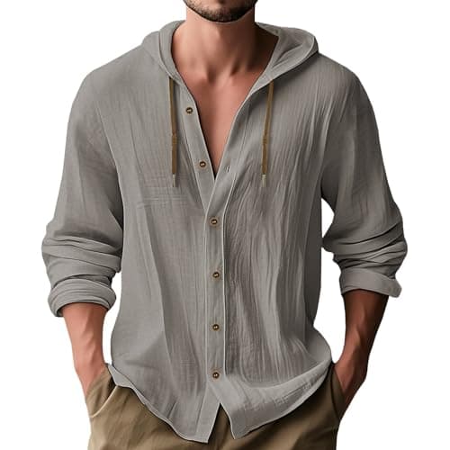 Image of MakingDa Hooded Shirt Men Thin Long Sleeve Hoodie Casual Smart Lightweight Summer Cotton Button Down Beach Tops Loose Fit Plain Hoody-Grey-XL