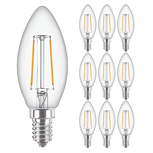 Image of Philips 10 Pack Classic LED Clear Filament Candle B35 Lamp 2W (25W) E14 SES Small Edison Screw 2700k Warm White | 250 Lumen | 15000 Hours | Car Air Freshener Included | 80+ CRI
