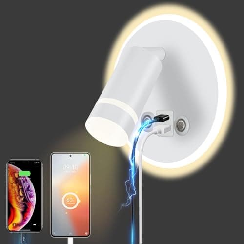 Image of HUIZHOU Reading Lamp Wall Mounted LED Wall Lamp Touch Control 3 Color Temperatures and 12W USB Charging Port 350° Rotating Bed Reading Light Living Room and Bedroom (Round White)