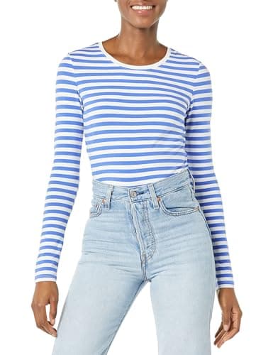 Image of Amazon Essentials Women's Classic-Fit Long-Sleeve Crewneck T-Shirt (Available in Plus Size), Blue White Stripe, X-Large
