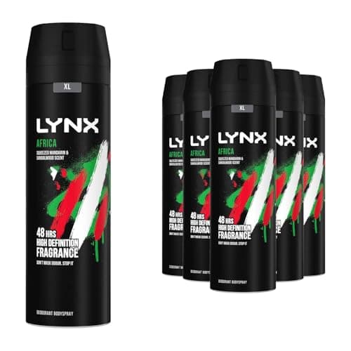 Image of Lynx Africa Aerosol Body Spray Deodorant for Men 6 Pack, 48-Hour Odour Protection Warm Scent of Mandarin and Sandalwood, Men's Deodorant Spray with Zinc Technology, 200ml Each