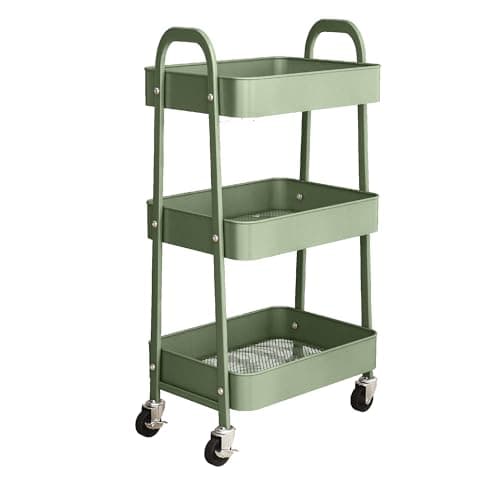 Image of simpa 3 Tier Metal Multipurpose Wheeled Storage Tray Cart - DARK GREEN 78.5cm (H) x 46cm (W) x 30.5cm (D)