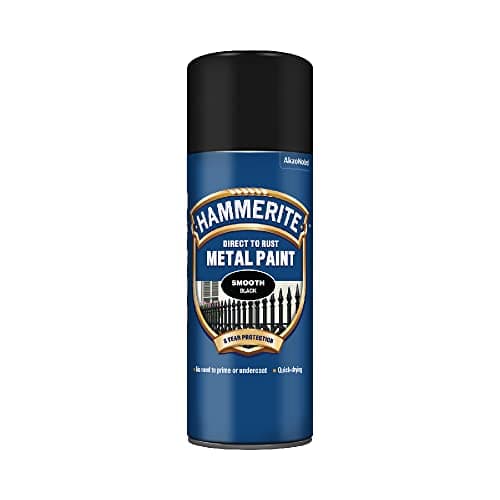 Image of Hammerite Spray Paint for Metal. Direct to Rust Exterior Black Metal Paint, Smooth Finish. Corrosion Resistant Black Gloss Paint and Rust Remover, 8 Year Protection - 400ml Aerosol 0.5 SqM Coverage