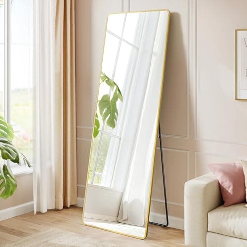 Image of SONGMICS Full Length Mirror, 150 x 40 cm, Rectangle Full Body Mirror with Stand, Aluminium Alloy Frame Floor Mirror, Tempered Glass, for Bedroom, Living Room, Cloakroom, Pale Gold LFM034AB01