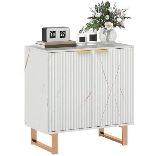 Image of HOMCOM Sideboard Storage Cabinet, Marble Effect Buffet Cabinet with 2 Fluted Doors and Adjustable Shelves, Coffee Bar Cabinet with Metal Legs for Living Room, White