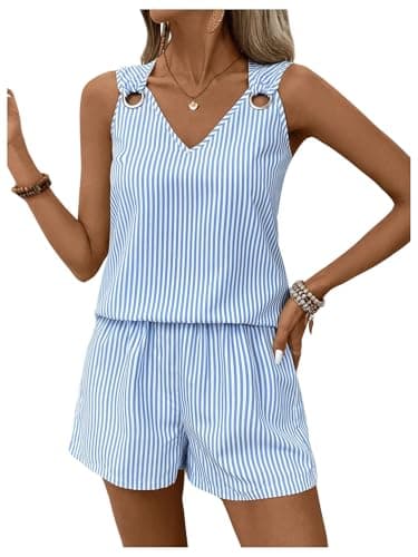 Image of GORGLITTER Two Piece Outfit Women Striped Ring V Neck Tank Top Causal Shorts Co Ord Sets Summer Travel Outfit Blue and White Medium