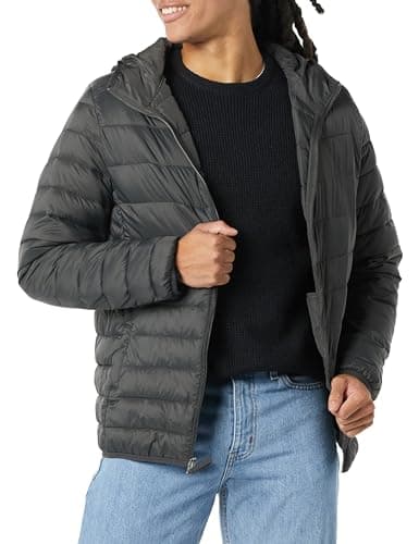 Image of Amazon Essentials Men's Lightweight Water-Resistant Packable Hooded Puffer Jacket, Dark Grey, M