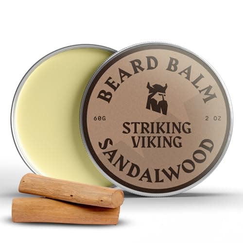 Image of Striking Viking Sandalwood Beard Balm - 60 g - Natural Moisturising Beard Softener for Men - Moustache Wax Styling Hold - Soothing Tea Tree Oil Balm