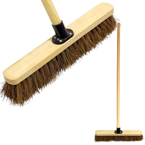 Image of 18” Outdoor Yard Broom with Wooden Handle Stiff Bassine Hard Bristle with Durable Support Bracket Garden Brush Heavy Duty Broom for Driveways, Sidewalks, Patios and Deck (PACK OF 2)