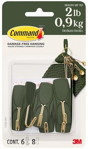 Image of Command Medium Wire Hooks, Rosemary Green, 6 Hooks, 8 Strips Damage-Free Hanging with Adhesive, No Tools Great for Hanging Home Decor, Holds up to 900g