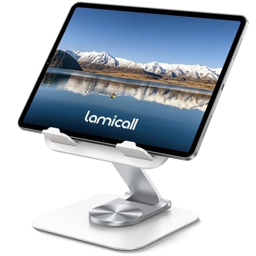Image of Lamicall Tablet Stand Holder for Desk - [360° Rotatable Metal Base] Adjustable iPad Stand, Foldable Desktop Tablet Stand for iPad Pro 13/12.9/11/10.5/9.7, Air mini 6 5 4, Switch, 4-13" Device - White